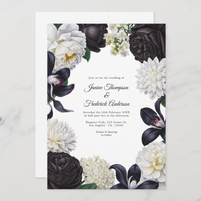 Convites Black & White Photo/QR Code Floral Wedding (Frente/Verso)