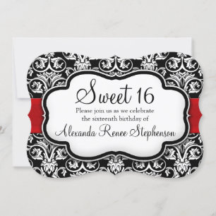 Convites Black/White/Red Damask Shaped Sweet 16 Girls Party