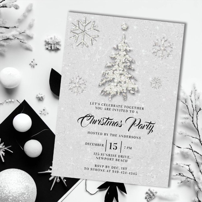 Convites Black White Rhinestone Winter Wonderland Natal (elegant christmas party invite glitter rhinestones tree snowflakes winter wonderland black white)