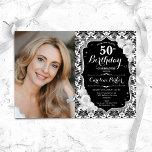 Convites Black White Silver Damask Foto 50º aniversário<br><div class="desc">Elegante convite floral feminino para o 50º aniversário com sua foto. Design branco preto de vidro com prata brilhante. Apresenta cor damasco preta e branca, rosas, fonte de script e confetti. Perfeito para uma festa de comemoração de na moda adulto. Personalize com seus próprios detalhes. Pode ser personalizado para qualquer...</div>