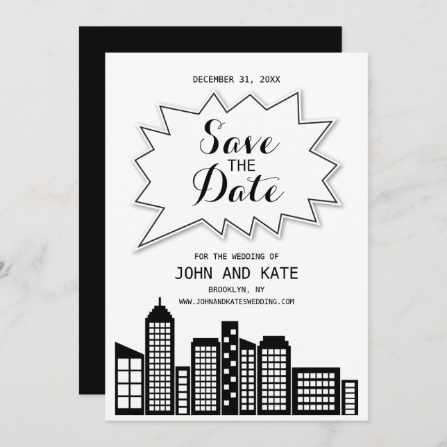 Convites Black & White Skyline Save The Date (Frente/Verso)