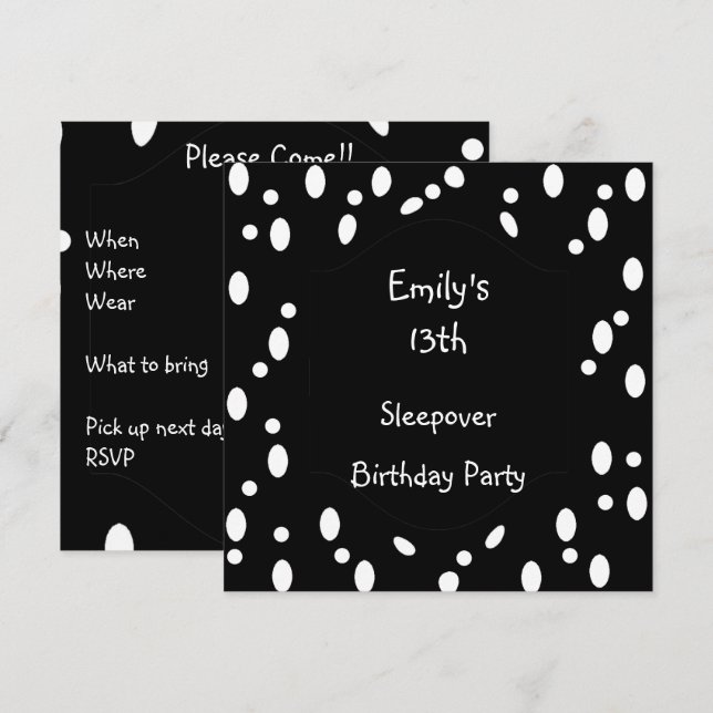 Convites Black White Spots 13 Birthday Sleepover (Frente/Verso)