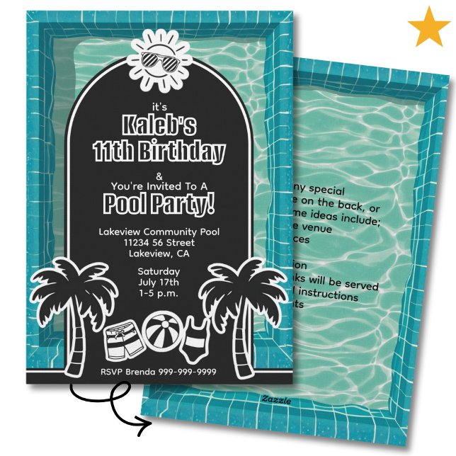 Convites Black White Sticker Pool Party Birthday Invitation (Criador carregado)