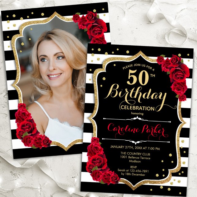 Convites Black White Stripes Rosa vermelha Foto 50º Anivers (Criador carregado)
