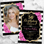 Convites Black White Stripes Roses Rosa Foto 50º Aniversári<br><div class="desc">Elegante convite floral feminino de 50 anos com sua foto no final do cartão. Design cor-de-rosa preto brilhante com ouro brilhante. Apresenta faixas pretas e brancas, rosas cor-de-rosa pinceladas, fontes de script e confetti. Perfeito para uma festa de comemoração de na moda adulto. Personalize com seus próprios detalhes. Pode ser...</div>