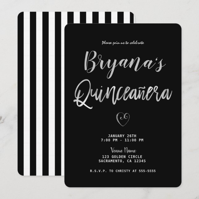 Convites Black & White Stripes Silver Heart 15 Quinceañera (Frente/Verso)