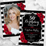 Convites Black White Stripes Silver Red Foto 50º Aniversári<br><div class="desc">Elegante convite floral feminino de 50 anos com sua foto no final do cartão. Design branco preto-claro-claro com prata brilhante. Apresenta faixas pretas e brancas, rosas vermelhas, fontes de script e confetti. Perfeito para uma festa de comemoração de na moda adulto. Personalize com seus próprios detalhes. Pode ser personalizado para...</div>