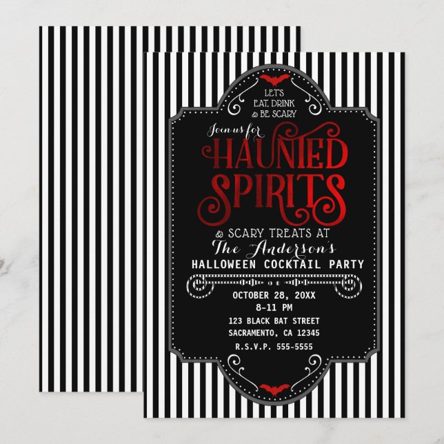 Convites Black White Strips Red Haunted Spirits Cocktail (Frente/Verso)