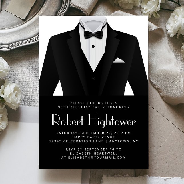 Convites Black White Tuxedo Mens Birthday Party (Criador carregado)