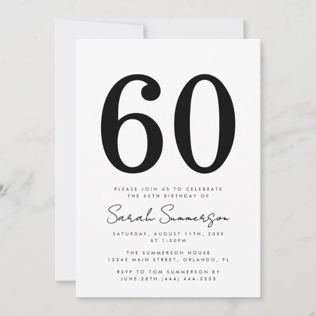 Convites Black White Typography Sixty 60th Birthday Party (Frente)