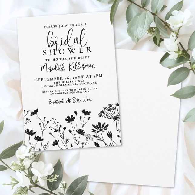 Convites Black White Wildflower Bridal Shower (Black White Wildflower Bridal Shower Invitation)