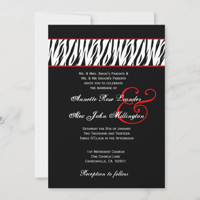 Convites Black White Zebra Red Accents Casamento Z002 (Frente)