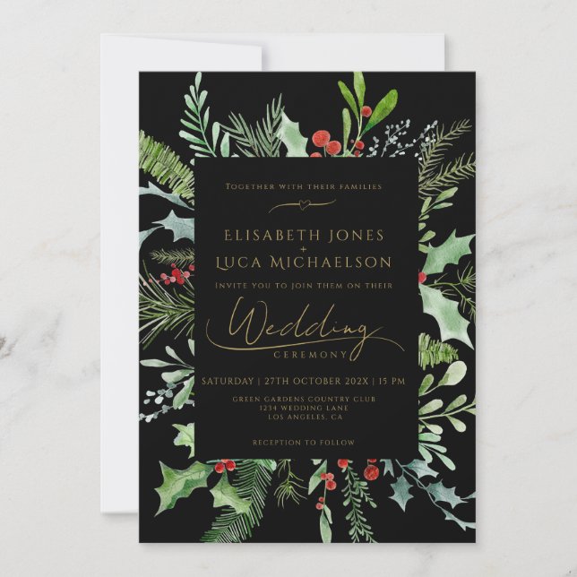Convites Black Winter Berry Leaf Botanical Monogram Wedding (Frente)