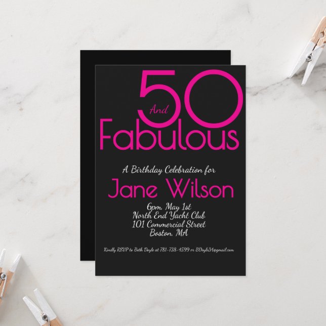 Convites  Black with Pink Text 50 and Fabulous Birthday   (Frente/Verso In Situ)
