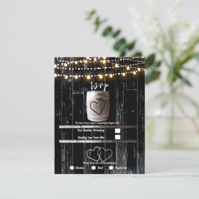 Convites Black Wood String Lights Barrel Weding RSVP (Em pé/Frente)