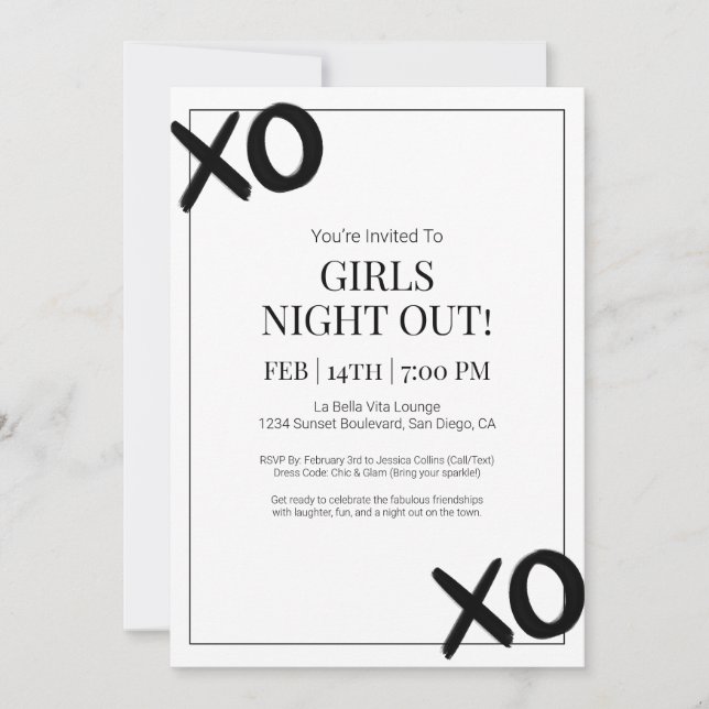 Convites Black XOXO Girls Night Out Amigos Galentine Party (Frente)