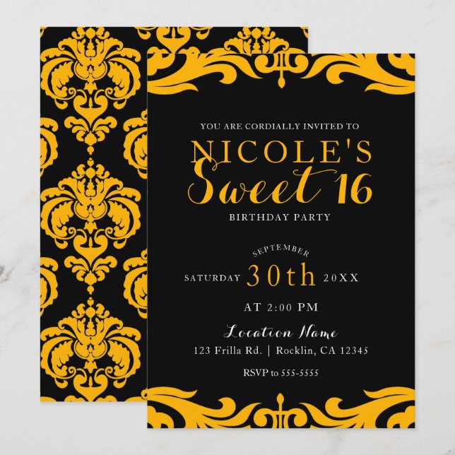 Convites Black & Yellow Damask Chic Elegante Festa Doce 16 (Frente/Verso)