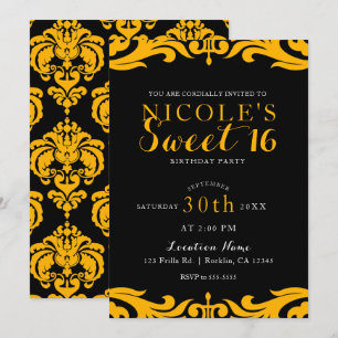 Convites Black & Yellow Damask Chic Elegante Festa Doce 16