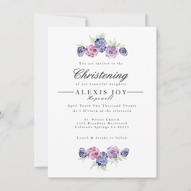 Convites Blackberry | Watercolor Wreath Christening (Frente)