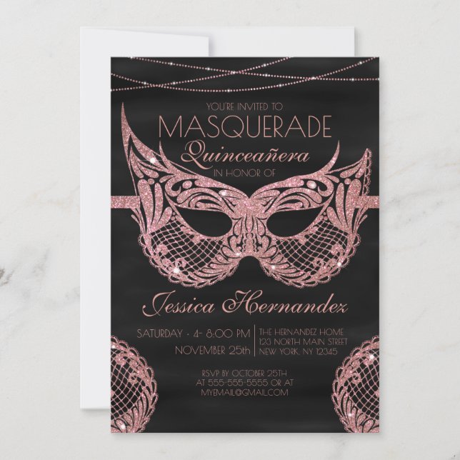 Convites BlackRose Dourado Lace Mascarada de Quinceañera (Frente)