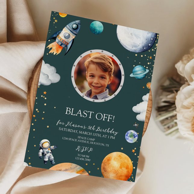 Convites Blast Off Photo Space Theme Kids Birthday Party (Criador carregado)