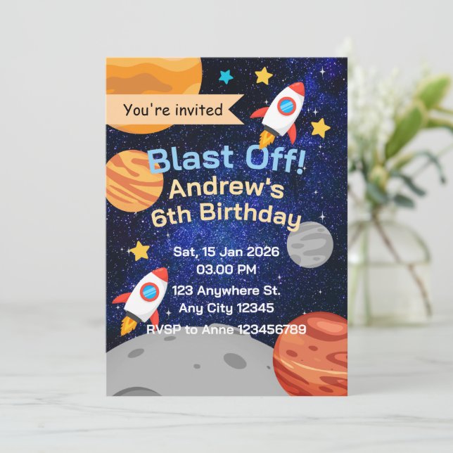 Convites Blast Off Rocket Space Birthday for Boys (Em pé/Frente)