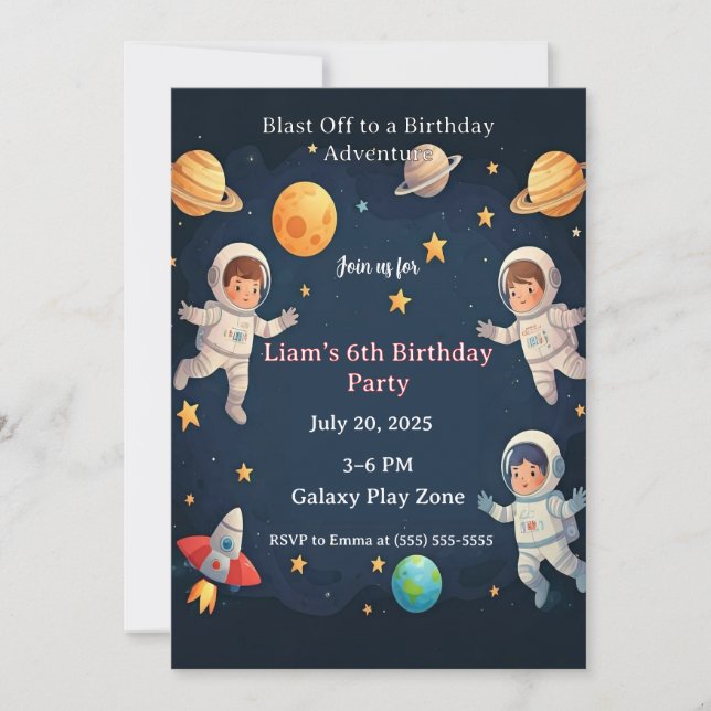 Convites Blast Off Space Adventure Kids 6th Birthday Party  (Frente)