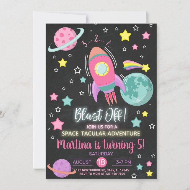 Convites Blast off, space-tacular girl birthday invitation. (Frente)