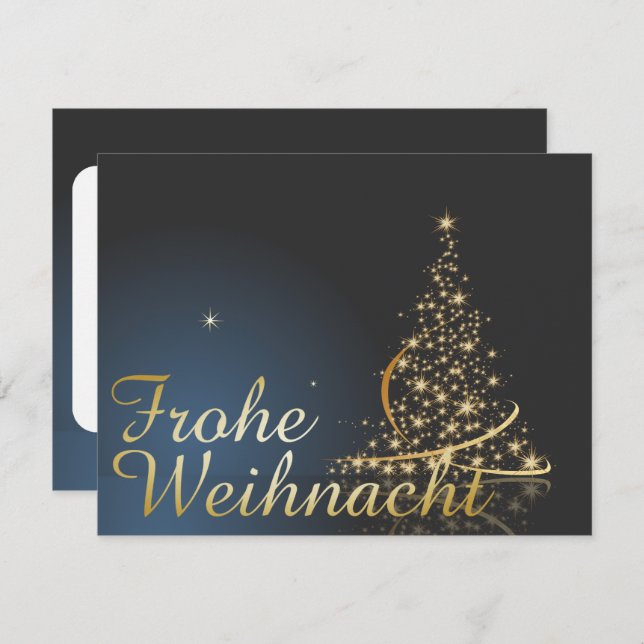 Convites Blaues Weihnachtsmočimit goldenem Weihnachtsbaum (Frente/Verso)