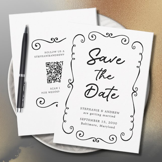 Convites Blindagem de Porodle Desenhada à Mão Casamento Sal (Hand Drawn Doodle Border QR Code Wedding Save the Date Invitation)