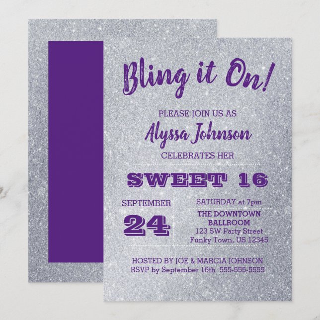 Convites Bling it On Silver Sparkles Purple Sweet 16 (Frente/Verso)