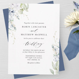 Convites Bliss Elegantes, Casamento Floral Branco Azul Mari