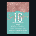 Convites Bloco de cor Glitter Dourado com Rosa de Glam Teal<br><div class="desc">Este glamouroso e chic Sweet 16 convite é o design perfeito para um evento brilhante e moderno. Sua design é composta por uma elegante e moderna sequência brilhante de rosa dourado esparso, um bloco de cores cortado artístico sobre um simples fundo azul branco brilhante. A tipografia personalizada de pincelada de...</div>