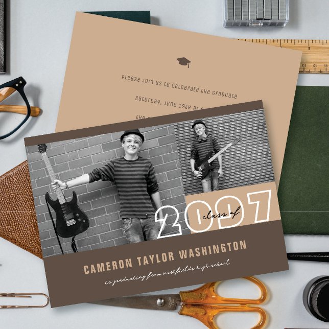 Convites Bloco de Fotos Marrom Moderno 2 Festa de Formatura (Modern Brown 2 Photo Blocks Simple Graduation Announcement & Party Invitation @ fatfatin)