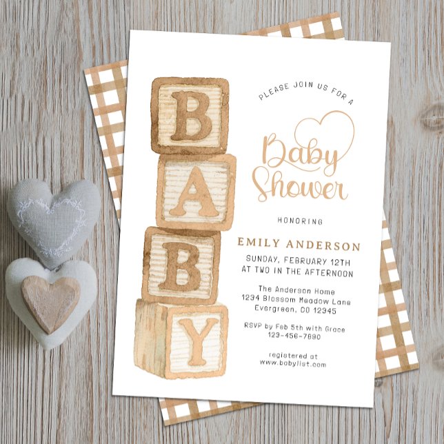 Convites Blocos de Bebê Neutros Bege Festa de Bebê em Casa  (Baby Shower Invite)