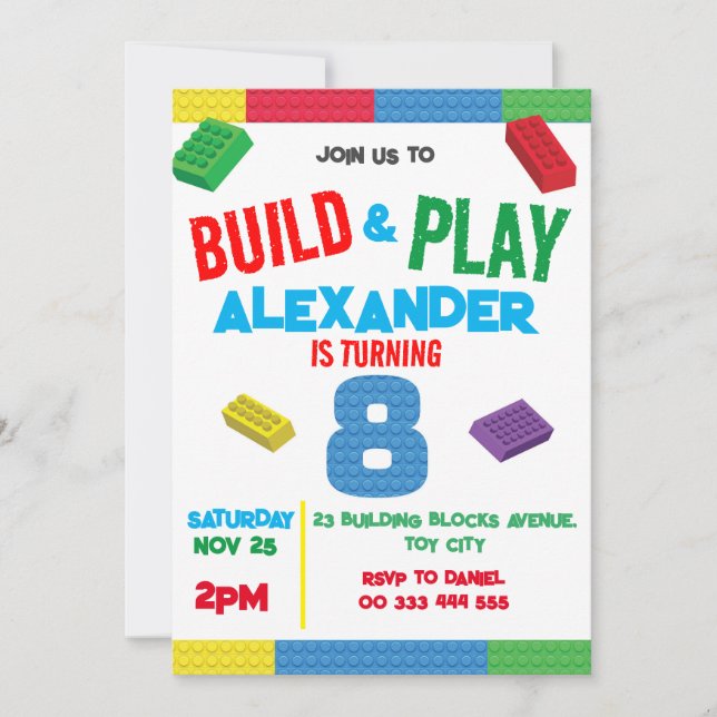 Convites Blocos de Construção - 8º Brinquedo de Aniversário (Frente)