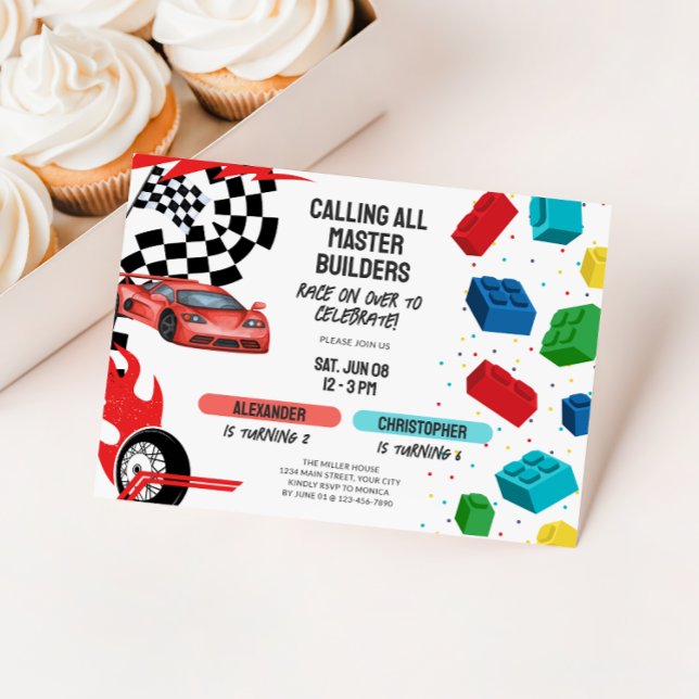 Convites Blocos de Construção Conjuntos & Carros de Corrida (Dual Kids Birthday Invite - Race Cars and Building Blocks)