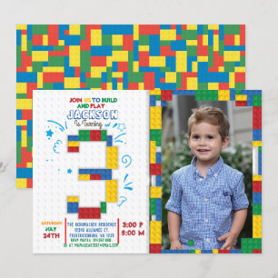 Convites Blocos de Edifícios Bricks de Aniversário, 3 ano