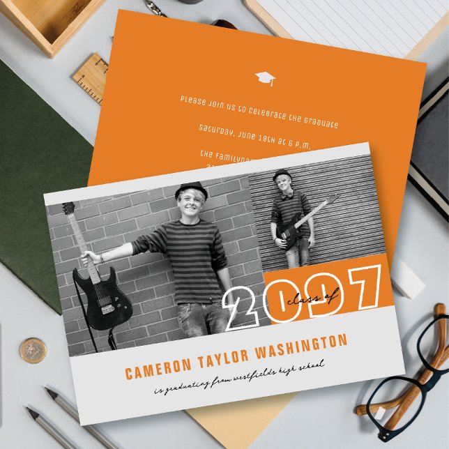Convites Blocos de Fotos Laranja Moderna 2 Festa de Formatu (Modern Orange 2 Photo Blocks Simple Graduation Announcement & Party Invitation @ fatfatin)
