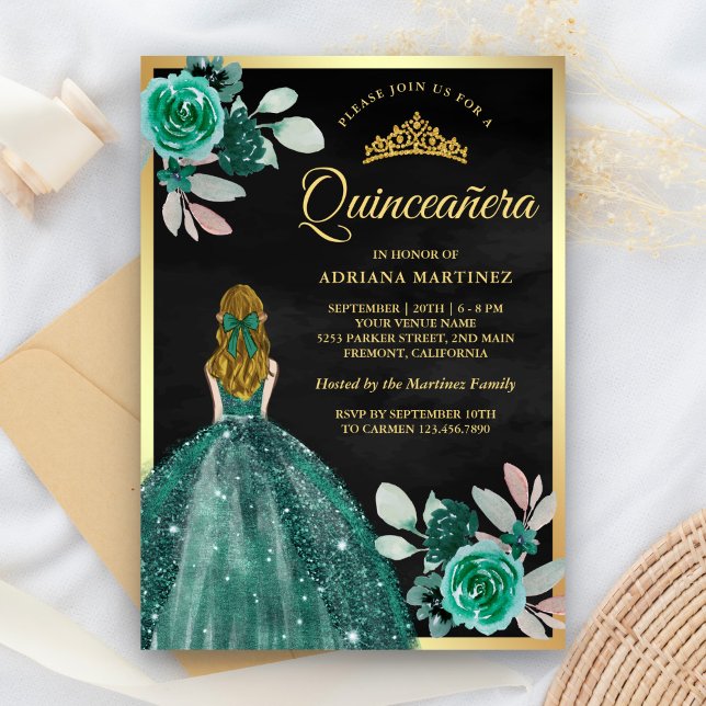 Convites Blona Emerald Vestido Dourado Quinceanera (Criador carregado)