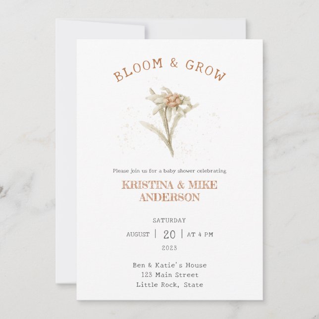 Convites Bloom All-in-One e Chá de fraldas Edelweiss em cre (Frente)