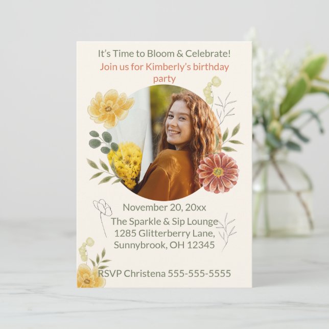Convites Bloom & Celebrate Floral Birthday Party Invitation (Em pé/Frente)