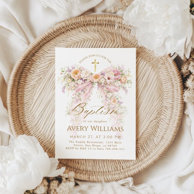 Convites Bloom Floral Bow Girl Baptism (Criador carregado)