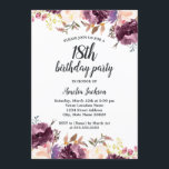 Convites Bloom Watercolor Purple Floral 18ª Festa de aniver<br><div class="desc">Mais bonito Convites Florais de Aniversário na Loja Little Bayleigh!</div>