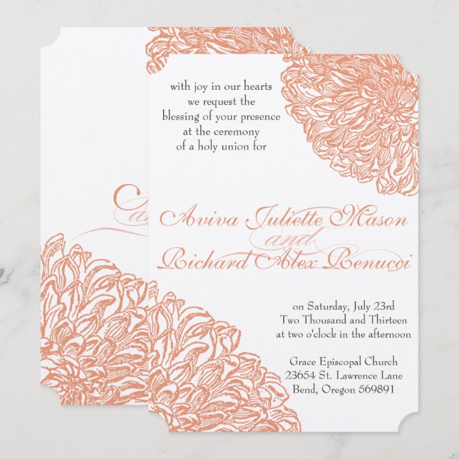 Convites Blooming Dahlia Peach Coral Wedding (Frente/Verso)