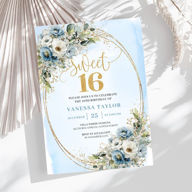 Convites Blooming Dusty Blue Floral Sweet Sixteen Birthday  (Blooming Dusty Blue Floral Sweet Sixteen Birthday Invitation

)