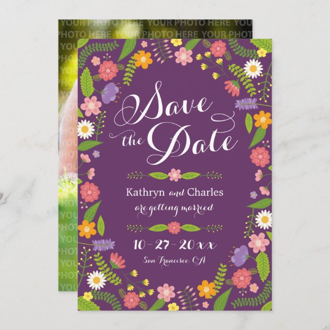 Convites Blooming Floral Frame Rustic Foto Salva a Data (Frente/Verso)