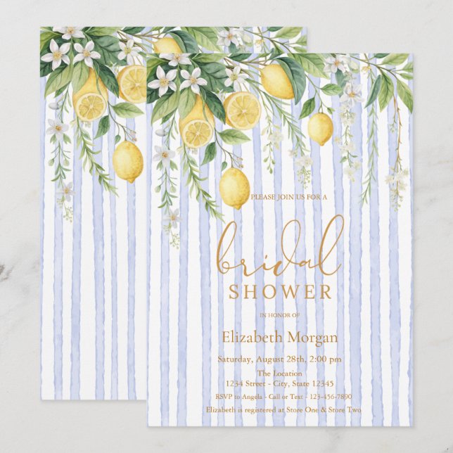 Convites  Blooming Lemons Blue Striped Bridal Shower (Frente/Verso)