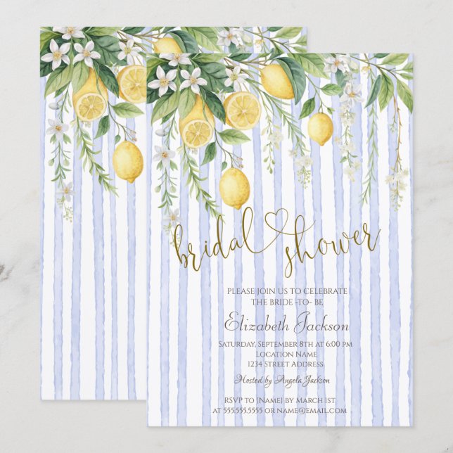 Convites  Blooming Lemons Blue Stripes Bridal Shower  (Frente/Verso)