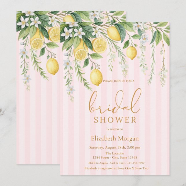 Convites  Blooming Lemons Pink Striped Bridal Shower (Frente/Verso)